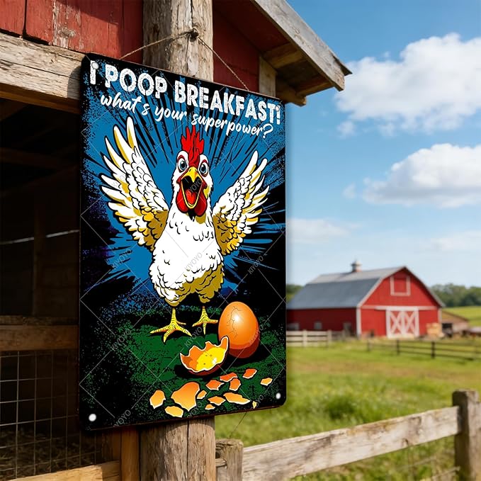 Funny Chicken Decorations for Kitchen Chicken Tin Sign I Poop Breakfast Whats Your Superpower Wall Decor 12x8 Inch