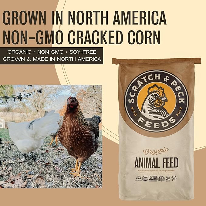 Scratch and Peck Cracked Corn Chicken, Duck and Livestock Supplemental Grain - 7.5% Protein, Certified Organic and Non-GMO Project Verified Chicken Food- 40 lbs Bag