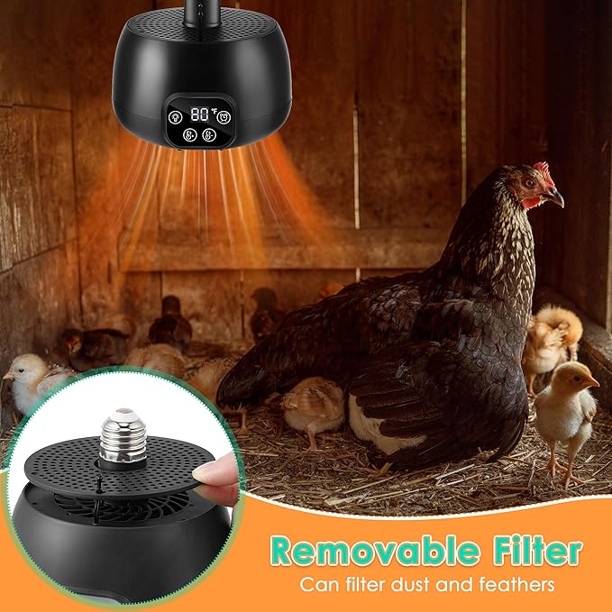 Enhon Chicken Coop Heater with LED Lighting, Adjustable Temperature, Timer & Safety Features – 5 Ft Long Cable Chicken Coop Heating Lamp Perfect for Small Animals and Reptiles(1 Pack)