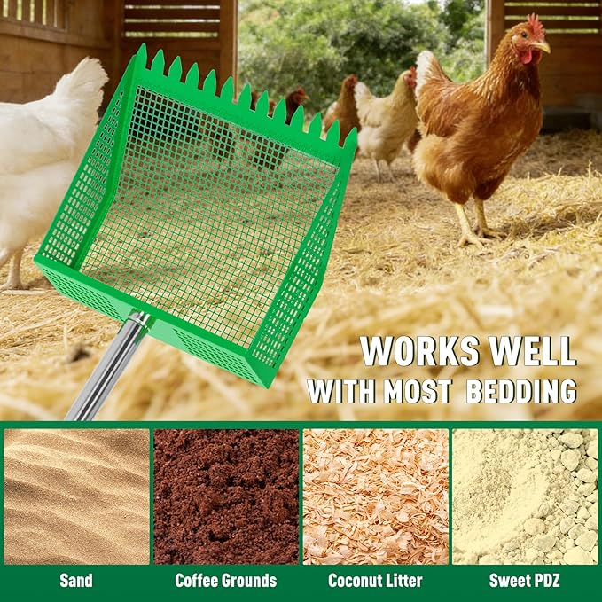 TOOGE Upgraded Chicken Poop Scooper: 10" Metal Pooper Scooper & Rake 4-Section 62" Long Handle Chicken Coop Scoop Scoopers Accessories Large Sand Sifting Litter Shovel for Goats/Yard/Farm/Beach Green