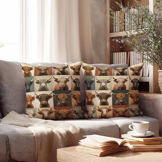 Highland Cow Patchwork Print Throw Pillow Covers 18x18 Inch, Set of 2 | Western Farmhouse Square Cushion Cases for Couch & Living Room | Rustic Country Home Decor, Decorative Pillowcases