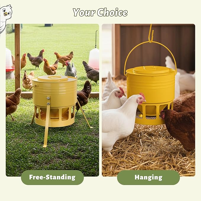 KOL Metal Chicken Feeder - 20lbs No Waste Chicken Feeder with 12 Ports, Powder Coated Rust-Proof Design & Smooth Edges for Safe Feeding (Yellow)
