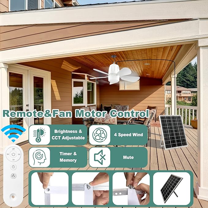 Solar Ceiling Fan Light, 20000mAh Portable Gazebo fan with 30W Solar Powered Fan with Remote Control, Outdoor Ceiling Fan with Light for Patios, Canopy, Shed, RV, Porch and Chicken Coop