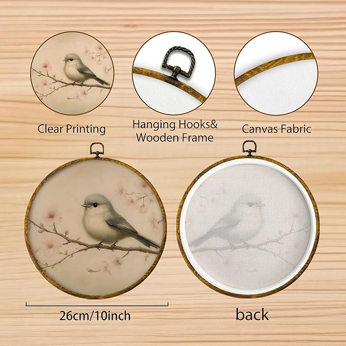Hiuwevt Vintage Bird Round Wall Art Decor, Retro Rustic Bird Framed Canvas Prints, Farmhouse Cottagecore Floral Round Wall Hanging Decor for Home Bedroom Living Room Decorations, 10x10 Inches