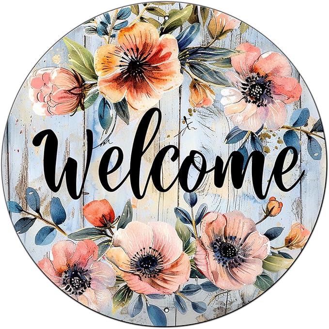 Welcome Metal Sign Vintage Tin Sign Round Sign Aluminum Sign for Farmhouse Kitchen Outdoor Outside Home Backyard Wall Decor 8 Inch