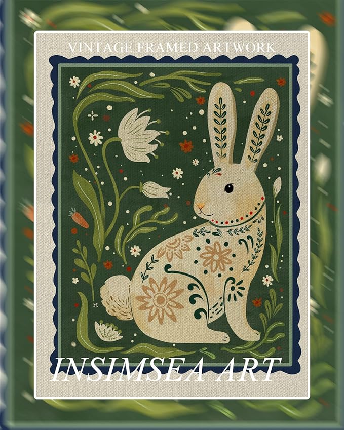 InSimSea Framed Canvas Wall Art for Living Room,Vintage Easter Bunny Decor Room Aesthetic,Neutral Rabbit Painting Picture Easter Decoration,Annimal Painting Pictures for Bedroom Kids Room- 8L x 10W