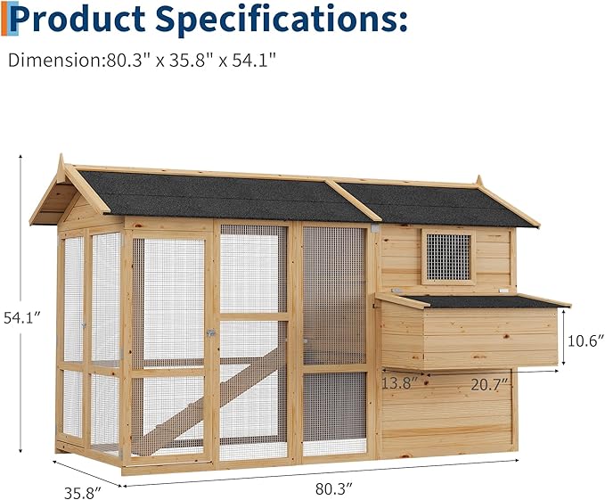GAOMON Large Outdoor Chicken Coop for 4-6 Chickens Wooden Hen House Poultry Pet Hutch Run Cage w/Waterproof Asphalt Roof, Ramp, Nesting Box, Wire Fence, Grey (80" x 35" x 54") (Natural)