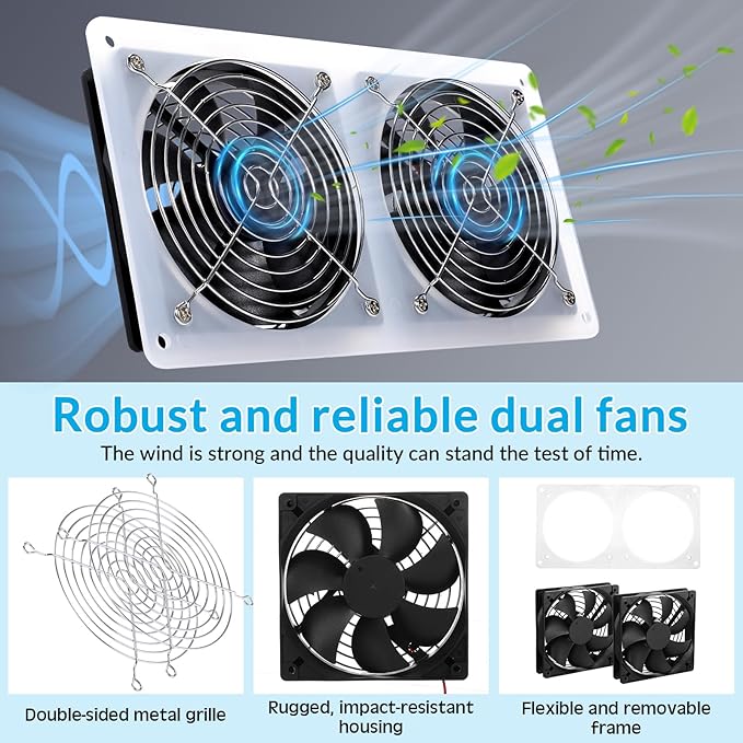 2 Set Solar Fan for Greenhouse, 10 W Solar Panel Fan Kit with Bracket Waterproof Solar Exhaust Fan Solar Dual Fan for Intake or Exhaust Air for Attic, Shed, Barn, Chicken Coop, Dog House