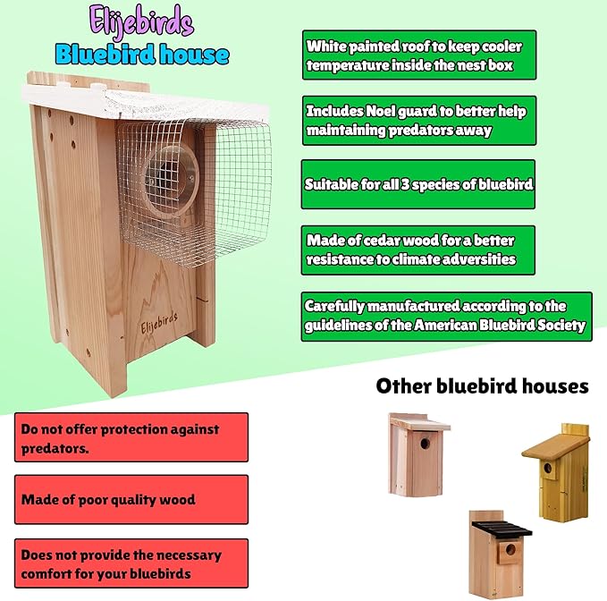 Premium Cedar Bluebird House for Outside - Wooden Bird Box with White Painted Roof & Noel Guard Predator Protection - Durable Birdhouses for Outdoors & Blue Bird Nesting