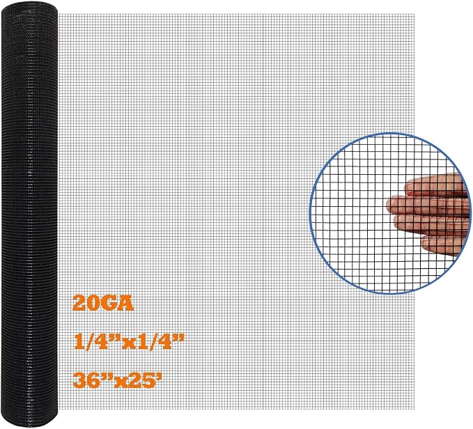 Black PVC Coated Hardware Cloth 36 Inch x 25 Foot -1/4 Inch x 1/4 Inch 20GA