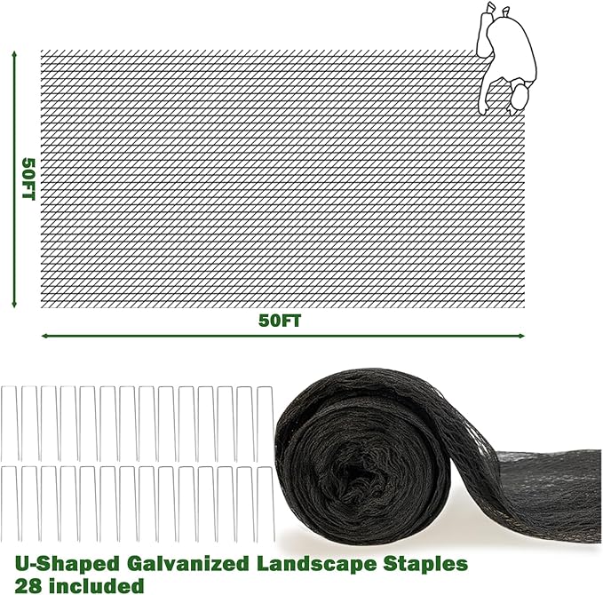 50x50ft Pond Netting for Leaves Leaf Net Cover Pond Net with Small Fine Mesh Protecting Koi Fish from Birds Cats Stakes Included