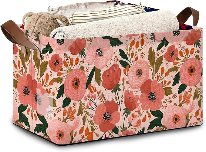 Retro Pink Flower Storage Basket with Handles,Leaves Collapsible Rectangle Organizer Bin for Room Decoration Books Box Baskets 17x11.5x10Inch
