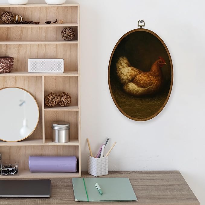 WULQYING Vintage Farmhouse Chicken Wall Art Decor, Rustic Chicken Oval Framed Canvas Art Prints, Moody Cottagecore Farm Animal Wall Hanging Decor for Home Bedroom Living Room, 8.6x11.4 Inches