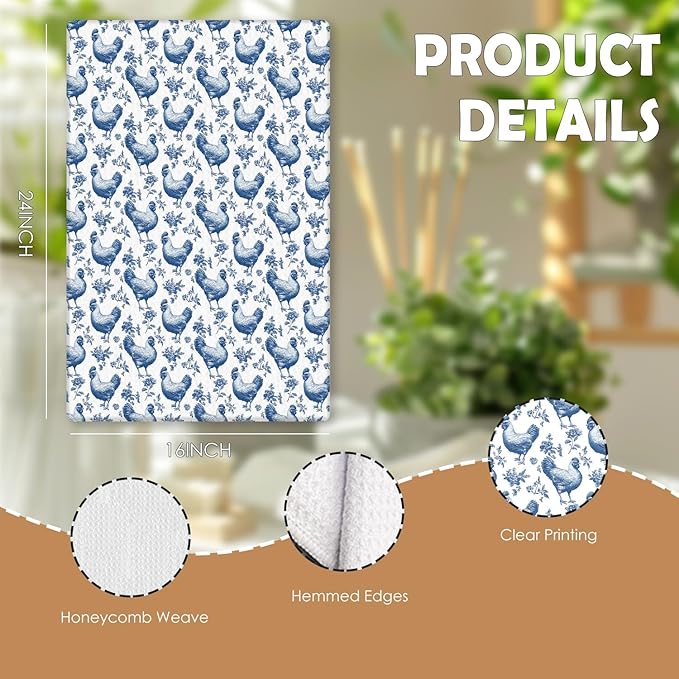 Chinoiserie Chicken Kitchen Towels, Chicken Lover Mom Lady Gifts Decorative Dish Tea Towels for Kitchen, Rustic Farm Animal Hens Hand Towels for Bathroom, 16x24 Inches