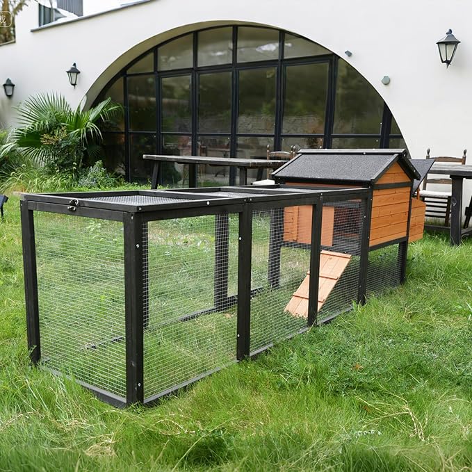 106.3" Chicken Coop, Large Wooden Chicken Coop with Run, Nesting Box and All-Weather Asphalt Roof, Outdoor Duck House Bunny Cage with Sliding Tray for Poultry, Small Animals, Black+Brown