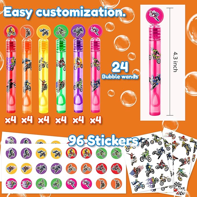 24PCS Dirt Bike DIY Bubble Wands with 96PCS Stickers - Party Favor for Goodie Bags, Pinata Stuffers, Mini Bubble Bulk Farm Birthday Supplies, Toys Gifts, Class Prizes for Toddlers, Boys & Girls