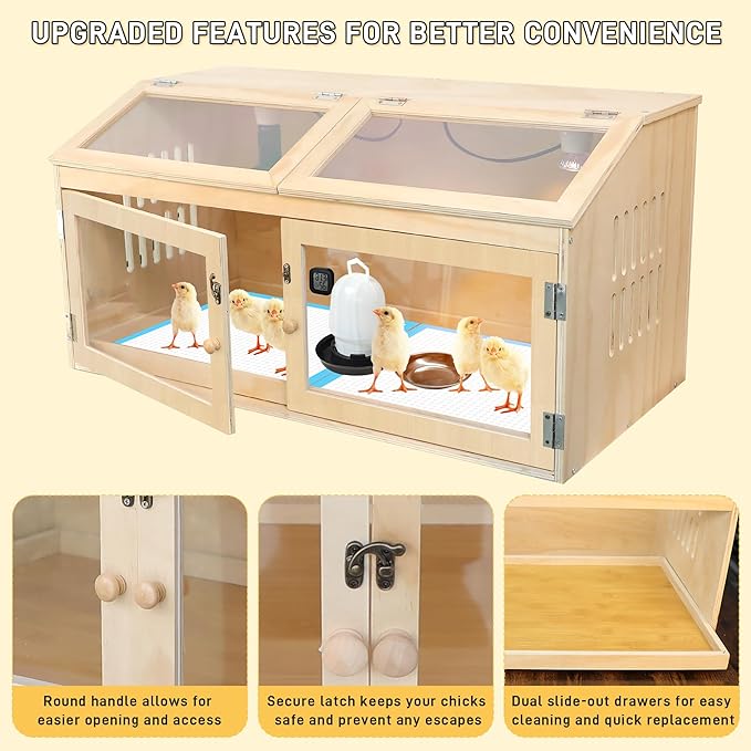 Chicken Brooder Box for Chicks with Sliding Drawer, Large Wooden Chick Brooder Box 32" Wide with Heating Lamp & Thermometer, Fully-Opened Top and Front Door for Chicks, Duck, Quail, Hamster, Reptiles