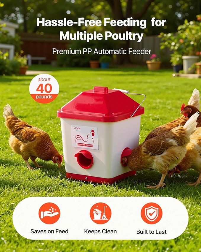 VEVOR Automatic Chicken Feeder, 40 Pounds Capacity, Large Gravity Hanging Poultry Feeder Dispenser with Handle, No Waste Rainproof Design, 3 Feeding Ports, Inside or Outside Hen Coop, for Chickens