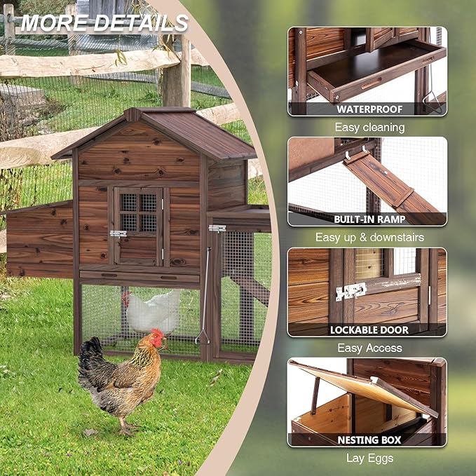 Wooden Chicken Coop Large Walk-in Outdoor Hen House with Nesting Box and Run, Poultry Cage Rabbit Hutch Waterproof UV Panel Cover for 4-8 Chickens Brown 159'' #CO48