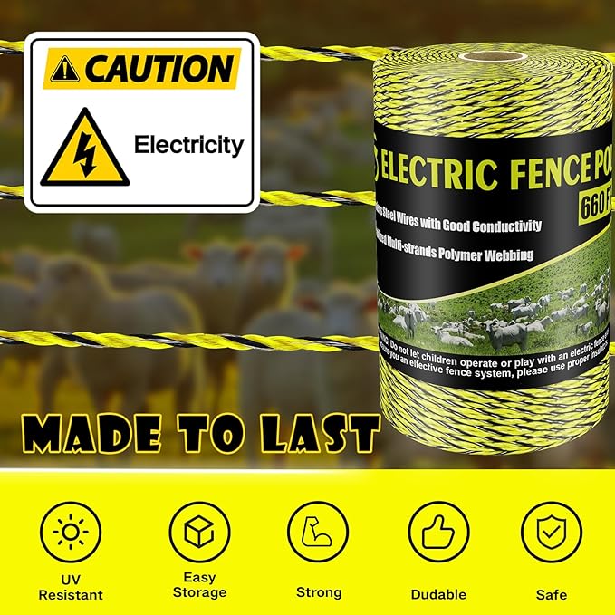 Electric Fence Poly Wire 660 Feet 200 Meters 1/8" Dia Portable Electric Fencing Polywires and 100 Pcs Black Electric Fence Insulator (Grid System Accessories for Animal Husbandry Electronic)