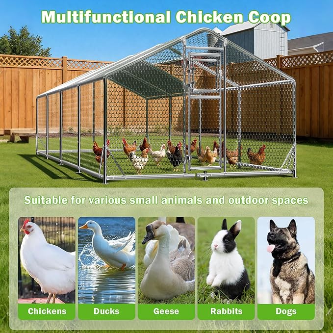 10x26FT Metal Chicken Coop, Dutch Door Chicken Run with Chicken Perch, Cover and Hardware Cloth, Walk in Duck Pen for Backyard Poultry and Pet Farming
