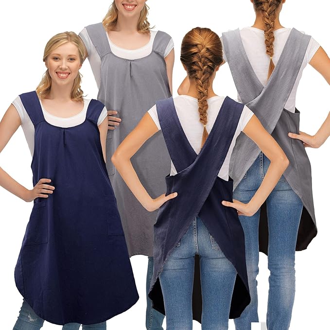 JaGely 2 Pack Japanese Linen Cross Back Kitchen Cooking Aprons for Women Men with 2 Pockets Cute Gardening Dress