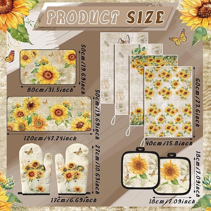 10 Pcs Sunflower Kitchen Dish Towels Rugs Oven Mitts and Pot Holders Set Farmhouse Kitchen Decor Set for Women Mom Daughter Gift Cooking Baking Grilling (Retro Yellow)