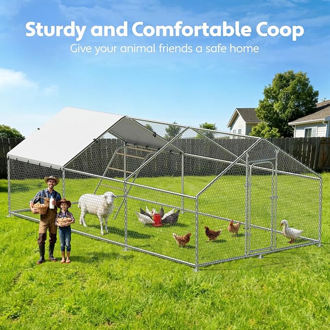 Large Metal Chicken Coop with Roosting Perch, Waterproof and UV-Resistant Cover,Outdoor Walk-in Cage Hen House for Yard Farm Rabbit Duck Chicken Run with Spire Roof (10'W x 19.7'L x 6.4'H)