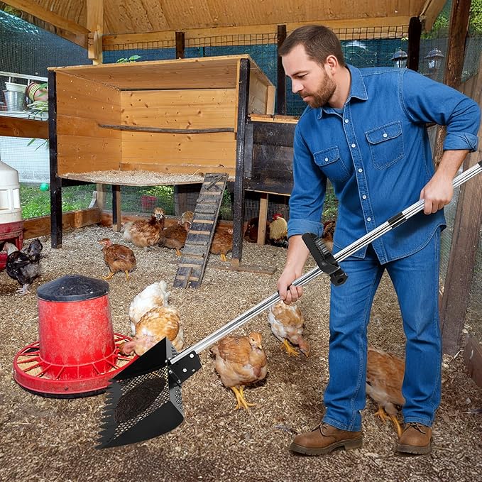 Lothee 11.8 Inch 2-in-1 Large Chicken Poop Scooper & Rake with Adjustable Shovel Head Angle, 5 Length Adjustable Stainless Steel Handle(23-76"), Coop Rake Ergonomic Grip for Chicken Coop Cleaning