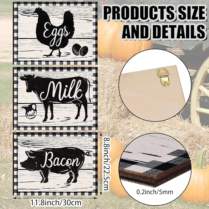 Jetec 3 Pieces Farmhouse Kitchen Decor Wooden Pig Cow Chicken Signs Rustic Buffalo Plaid Wall Art Farm Animal Plaque for Kitchen Home Wall Decorations, 13.8 x 10.3 Inch