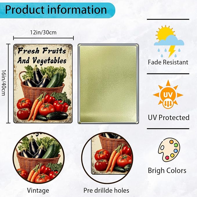 Vegetable Wall Decor Fresh Fruits And Vegetables Metal Tin Sign 12x16 Inch Funny Farmer's Market Tin Poster Retro Home Kitchen Garden Yard Restaurant Wall Decor
