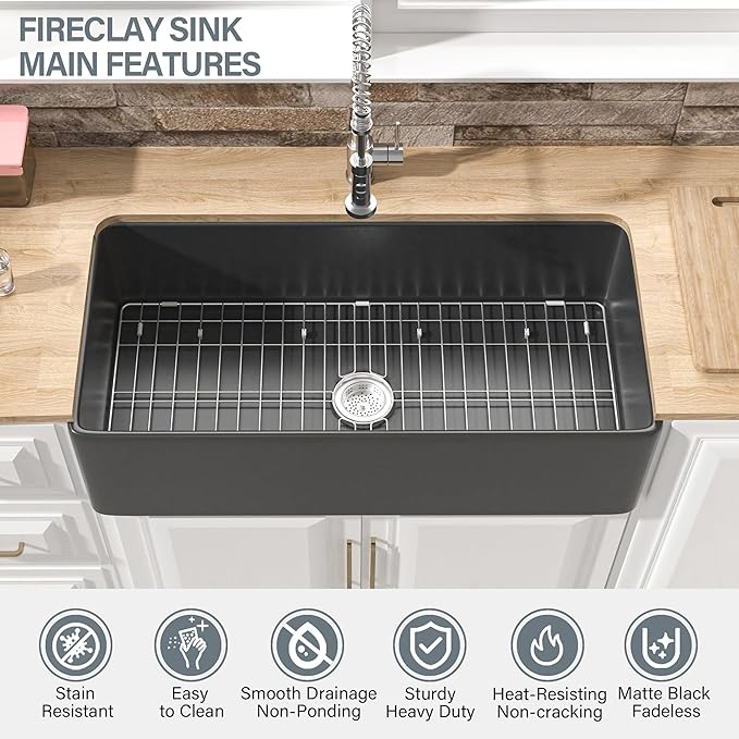 Extra Large Black Farmhouse Sink 36 x 18 Inch, MIN. Base Cabinet Size: 21"Dx39"W, Firecaly Apron Front Undermount Farm Sink Single Bowl for Kitchen, w Accessories 2 Types