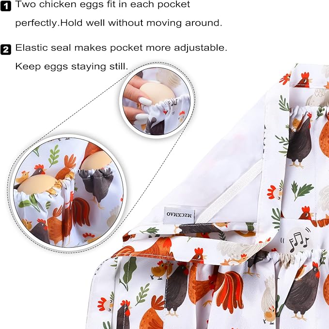 Egg Collecting & Gathering Apron with 8 Pockets - Chicken Egg Apron for Women/Men, Fresh Eggs Collection (Hen Design, Gifts for Chicken Keepers)