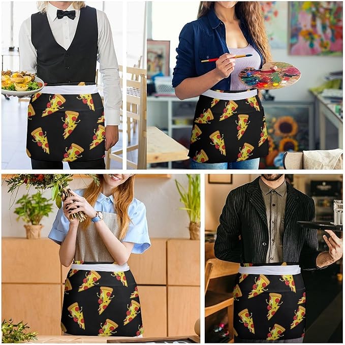 Unisex Chef Waiter Apron Waist Half Short Serving Aprons with 3 Pockets