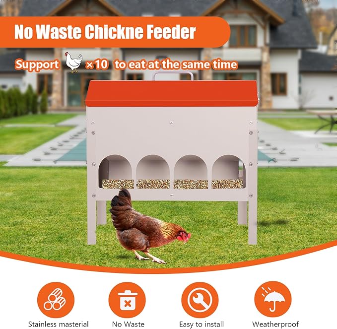 JLUHYANN15Lb Automatic Chicken Feeder, Metal Chicken Feeder with10 Feeding Port and Adjustable Legs No Waste Poultry Feeder Trough for Chickens Geese Ducks Turkeys Quails