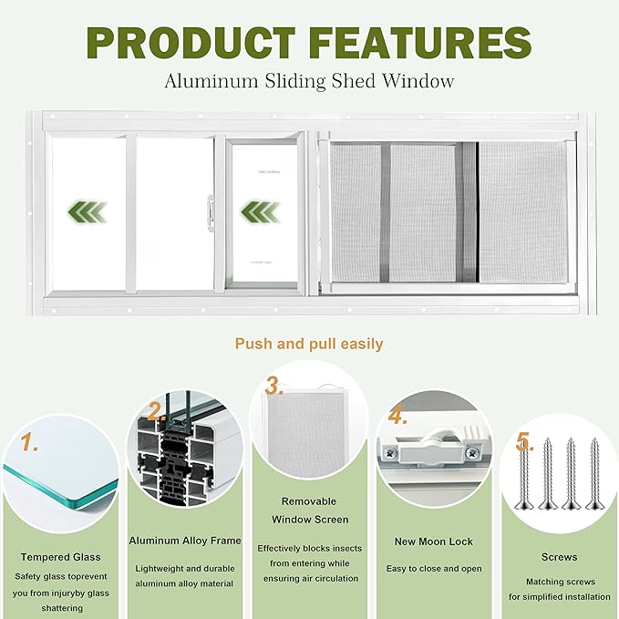2 Pack Shed Windows, 12"x 35" White Sliding Window Suitable for Chicken Coop, shed, Household, Barn - Transom Window with Tempered Glass and Fiberglass Screen (WH,12''x 35'')