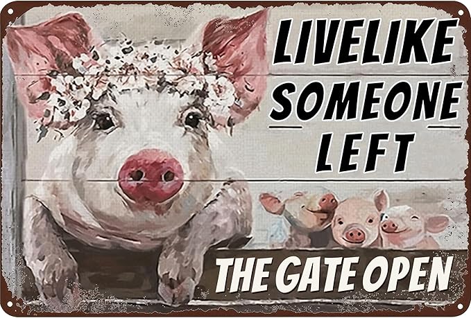Vintage Metal Farm Signs-Funny Pigs Decor Sign Live Like Someone Left The Gate Open Tin Sign for Home Farm Fence Kitchen Bedroom Wall Decor 8x12 inches