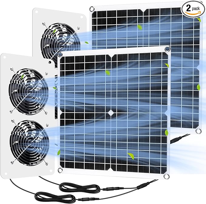 2 Sets Solar Panel Fan Kit 25W 12V Solar Fans for Outside Greenhouse USB Portable Waterproof Dual Fan with Metal Shell for Inside Chicken Coop, Shed, Pet House