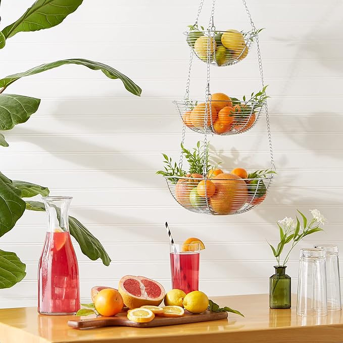 RSVP International Hanging Storage Collection 3-Tier Baskets, Chrome Woven Wire