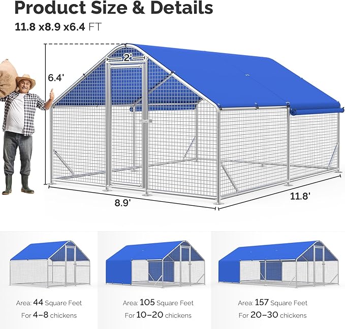 Large Metal Chicken Coop with Galvanized Hardware Cloth, Chicken Coop Run Pen for Yard with Waterproof Cover, Outdoor Large Walk-in Chicken Coops for 20 Chickens Duck Pen House Cage Run