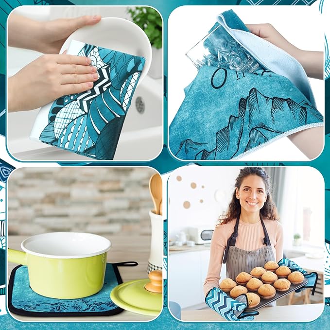 10 Pcs Landscape Kitchen Dish Towels Rugs Oven Mitts and Pot Holders Set Farmhouse Kitchen Decor Set for Women Mom Daughter Gift Cooking Baking Grilling (Ocean Green)