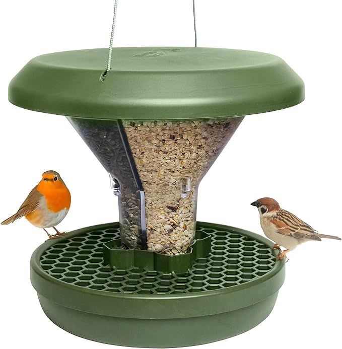 SWISSINNO Bird Feeders - No Mess Hanging Bird Feeder for Outdoors - Smart Birds Davos Spill Proof Wild Cardinal & Small Bird Feeder with Integrated Seed Catcher Tray - Dual Chamber - Green