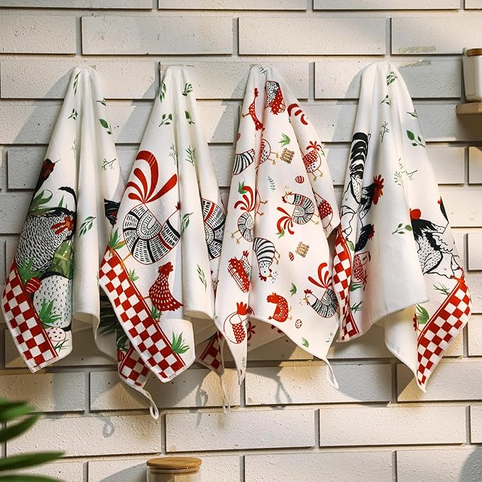 Geyoga 4 Pcs Chicken Kitchen Towels Rooster Dish Hand Towels Farm Animal Cow Vintage Rustic Tea Cloth for Spring Easter Bathroom Farmhouse Decor Gifts, 16 x 24 Inch(Red, Black, White,Farmhouse)