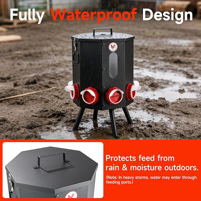Automatic Chicken Feeder 8 Feeding Ports, 50lbs No-Waste Gravity Poultry Feeder 8 Feeding Ports with Rainproof Lid, Rodent-Proof Large Capacity Metal Chicken Feeder for Hens, Ducks, Birds