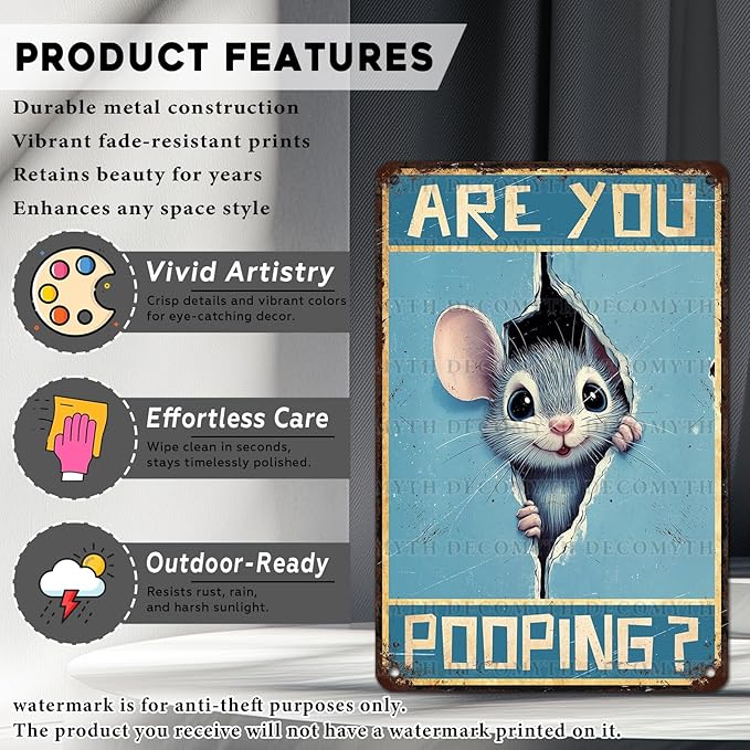 Vintage Mouse Tin Sign Are You Pooping Retro Wall Decor Wall Art Funny Bathroom Metal Poster Indoor Store Living Room Farm Cafe Toilet Bar Office Man cave 12 * 8inch