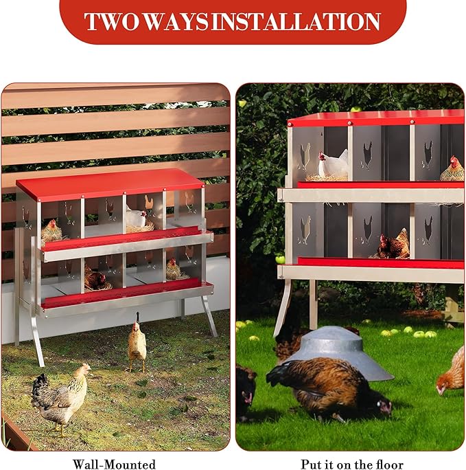 Chicken Nesting Boxes with Roll Away Egg Tray,6/8/10 Compartments, Steel Rustproof & Ventilated Laying Boxes for Hens, Chickens, Ducks, Easy-Clean Poultry Coop Accessories Stand/NO Stand