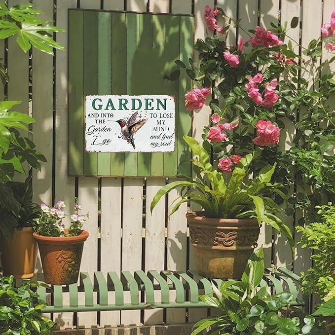 Metal Tin Sign And Into The Garden I Go To Lose My Mind And Find My Soul Sign Hummingbird Sign for Outdoor Yard Garden 12×8 Inch