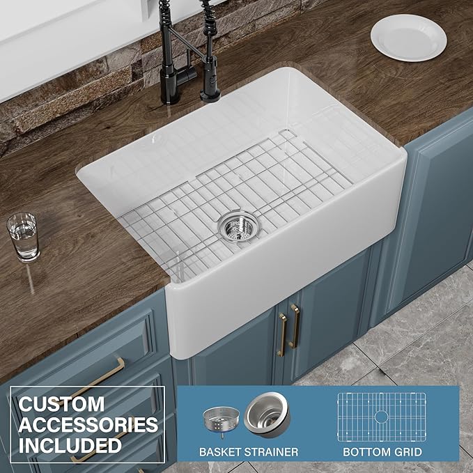 Small Farmhouse Sink 27 x 18 Inch, Firecaly Apron Front Farm Sink, Heavy Duty Single Bowl, with Accessories 2 Types, Undermount, Pure White, for Kitchen, Laundry, Small Space