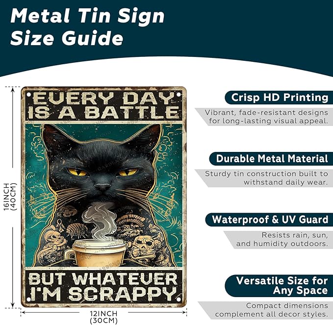 Vintage Black Cat Metal Sign Black Cat Every Day Is A Battle Novelty Metal Poster Home Kitchen Bathroom Aluminium Sign Art Wall Decor 16x12 Inch