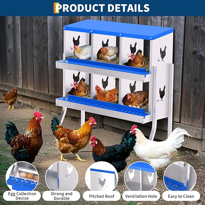 Chicken Nesting Boxes,6 Compartments Galvanized Steel Metal Laying Boxes with Leg,Pull-Out Egg Box Easy Egg Collection & Clean,Wall Mount Suitable for Farm Chicken House,Blue